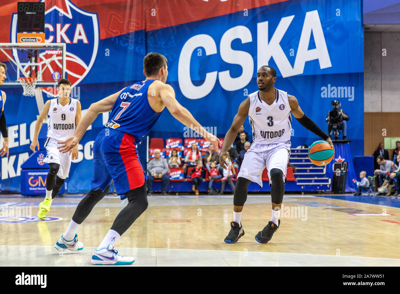 #3 Michael Umeh of Avtodor Saratov seen in action against CSKA Moscow during the VTB United League match in Moscow.(Final score; CSKA Moscow 103:79 Avtodor Saratov) Stock Photo