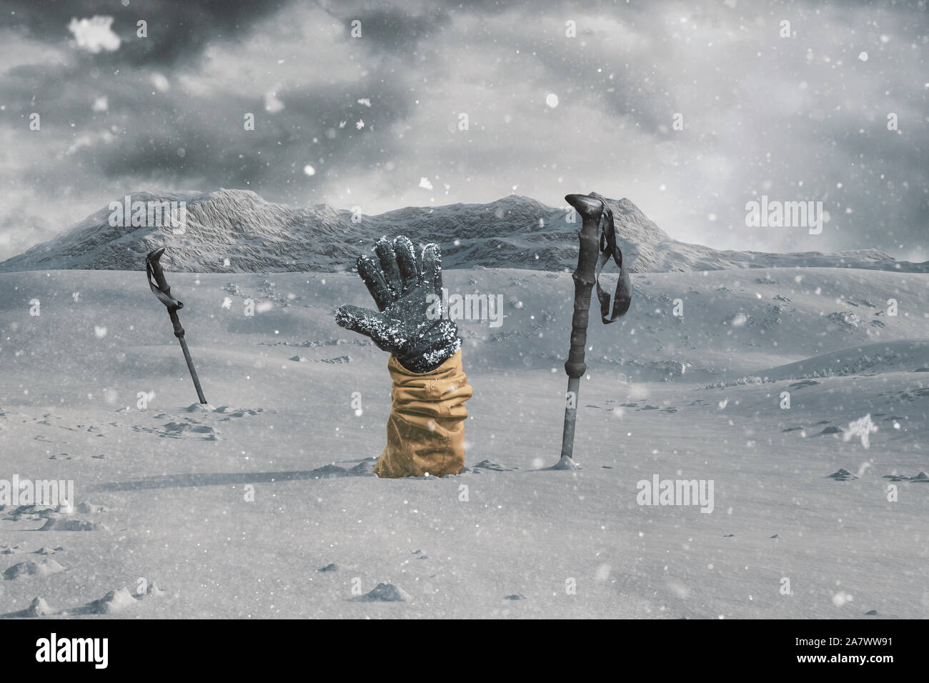 Hiker stretching out his snow covered hand next to trekking poles to ...