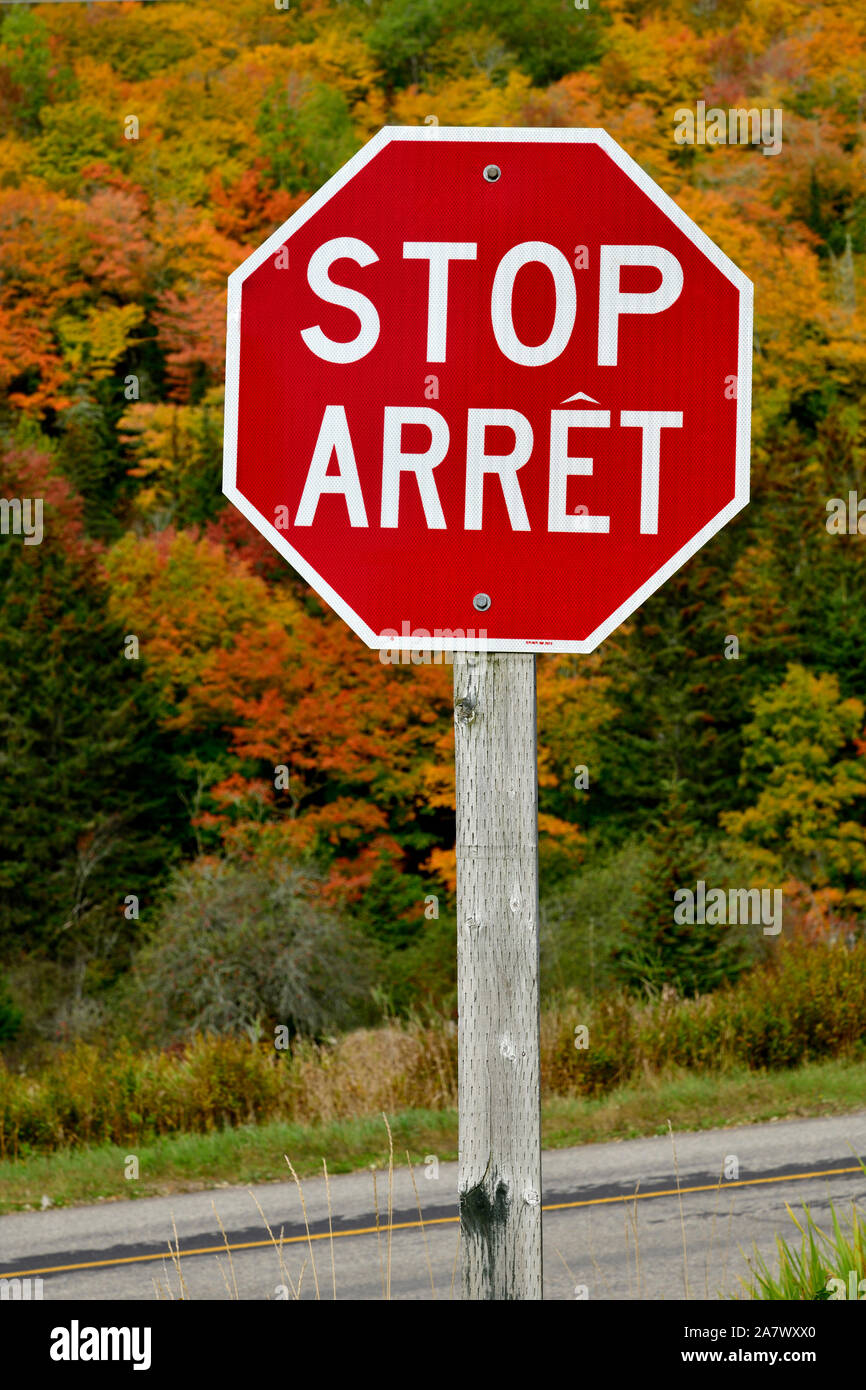 A vertical image of a red bilingual stop sign on a highway in New