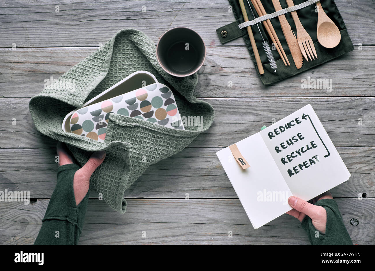 Flat lay, zero waste lunch set of reusable wooden cutlery, lunch box in textile, reusable