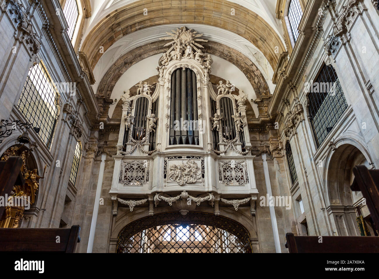 View of the church side of the dual face Baroque organ built in the 18th century in the Church of the Monastery of Saint Mary of Lorvao, Coimbra, Port Stock Photo