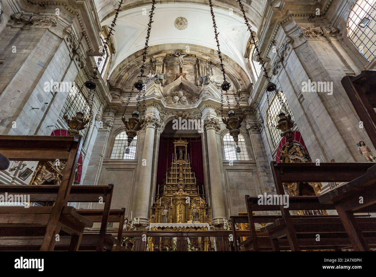 View of the Baroque and Italianized Neoclassical main chapel of the Church of the Monastery of Saint Mary of Lorvao, Coimbra, Portugal Stock Photo