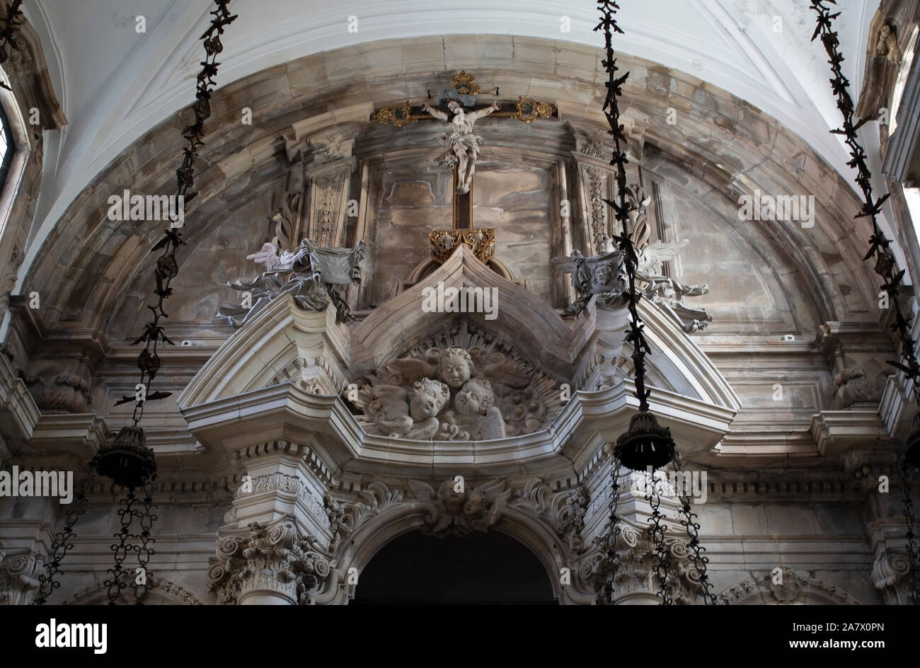 Detail of the Baroque and Italianized Neoclassical altarpiece of the Church of the Monastery of Saint Mary of Lorvao, Coimbra, Portugal Stock Photo