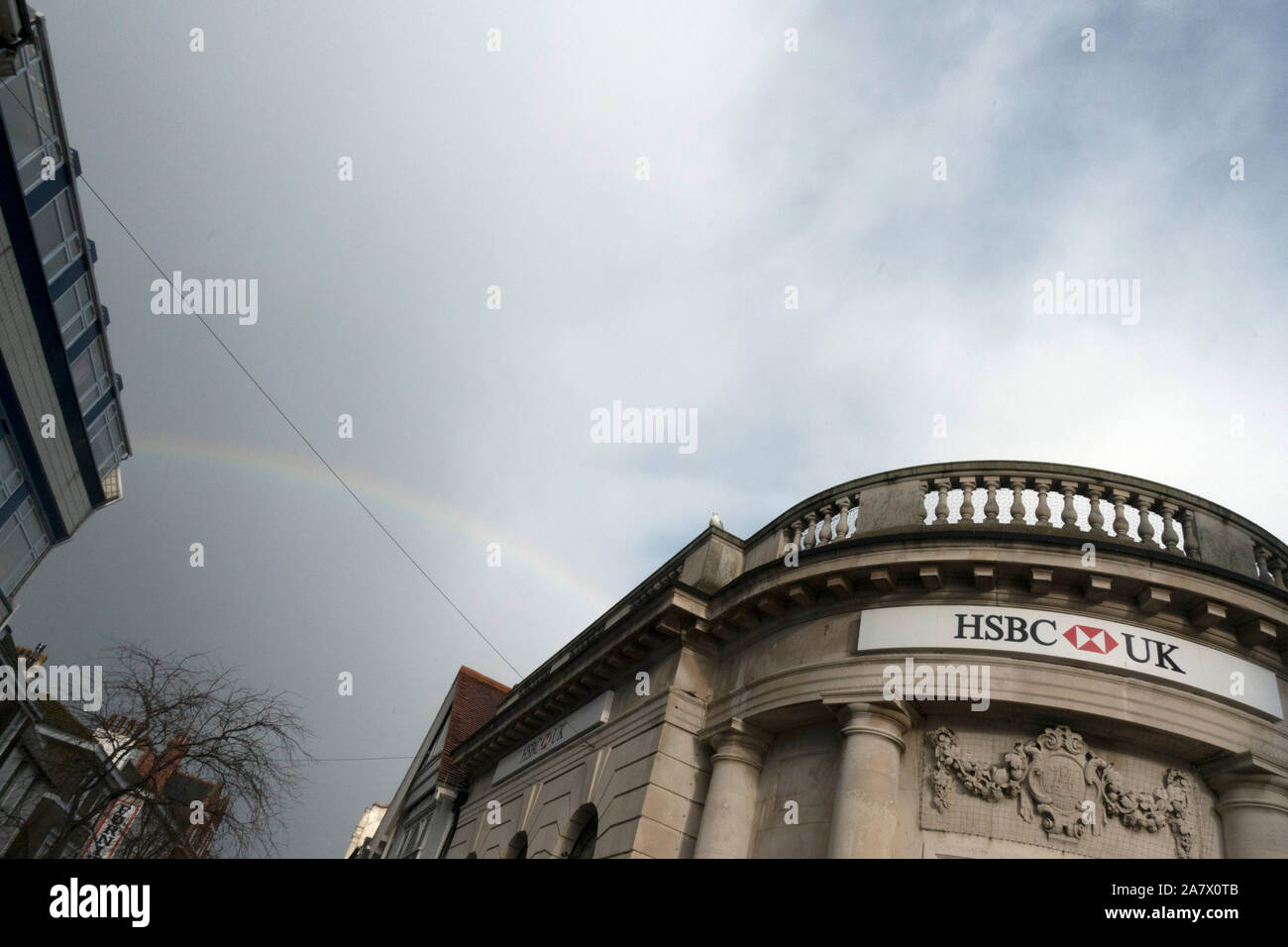 HSBC UK Bank with rainbow in the sky Stock Photo