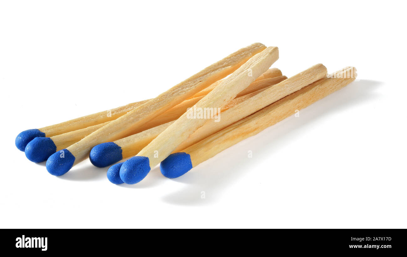 Heap of 7 matches with blue heads colour can be changed using hue saturation tool isolated on white background Stock Photo