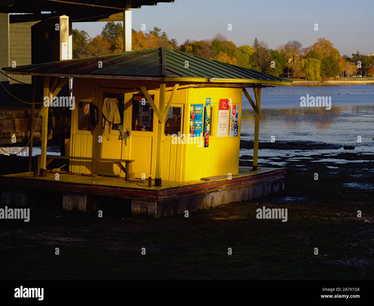 Yellow (previously floating) boat rental kiosk, beached for the Winter