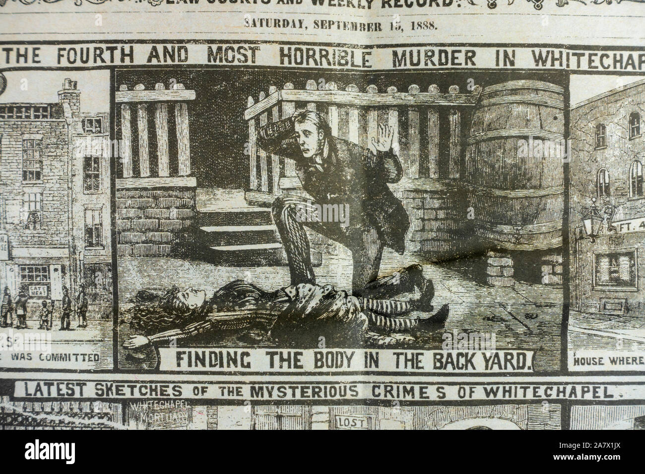Jack the Ripper era newspaper (replica): Illustrated Police News (15th Sept 1888) front page showing the Whitechapel Murders. Stock Photo