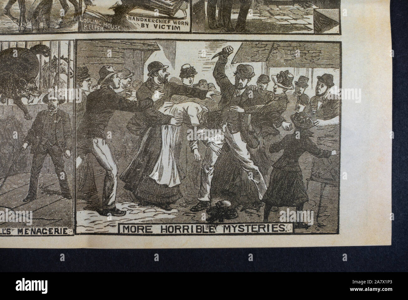 Jack the Ripper era newspaper (replica): Illustrated Police News (22nd Sept 1888) front page showing graphic images of a stabbing. Stock Photo