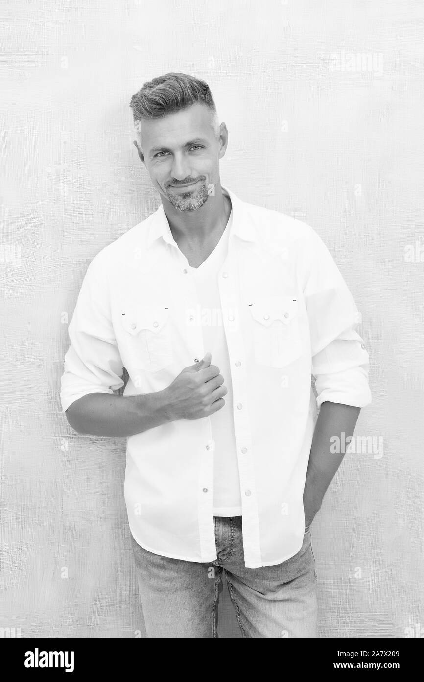 Guy sport outfit. Fashion concept. Man model clothes shop. Sport style.  Menswear and fashionable clothing. Man calm face posing confidently white  background. Man handsome in shirt and shorts Stock Photo - Alamy