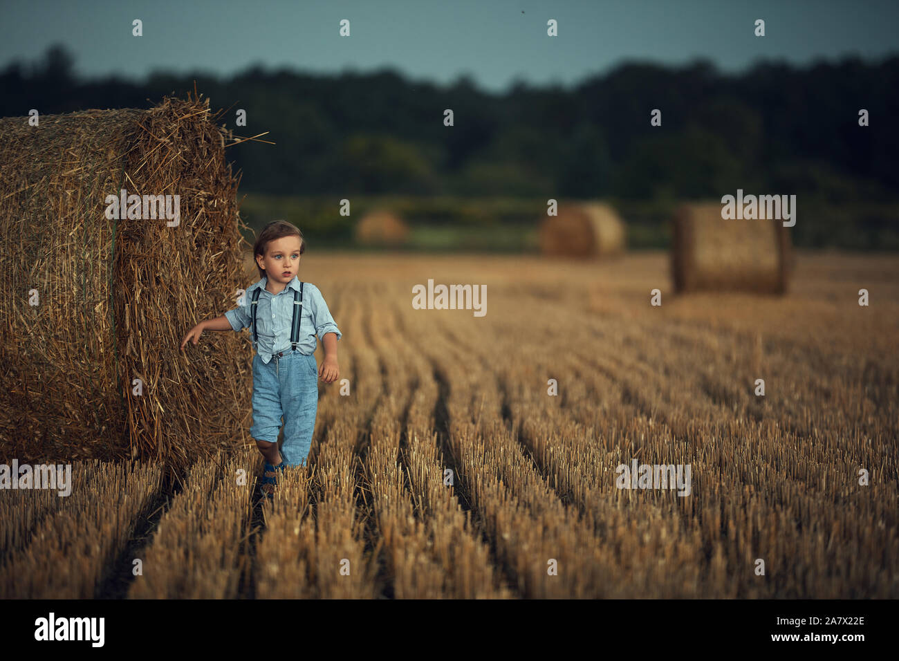 Cute little boy walking among the dry sheafs - countryside shot Stock Photo