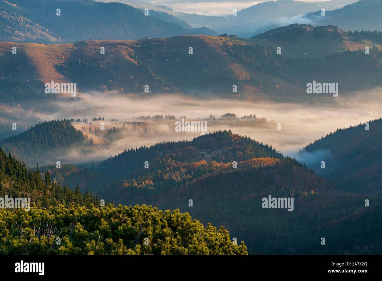 Beautiful morning high in the Carpathian mountains with clouds and fog laying down in the valley Stock Photo