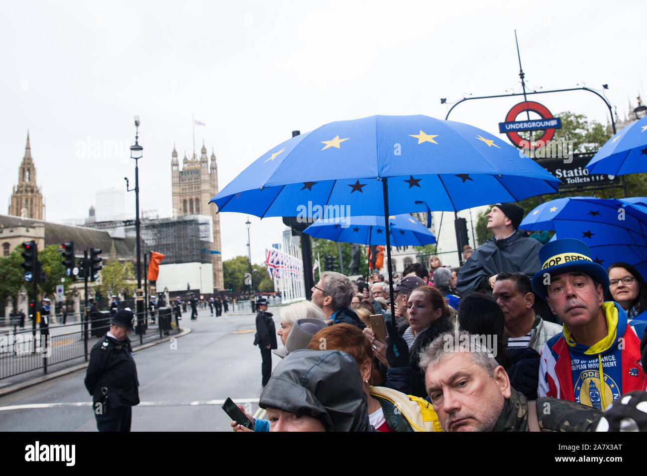 London, UK. 14 October, 2019. Steve Bray stands with pro-EU activists to await the arrival of the Queen en route to the State Opening of Parliament. C Stock Photo