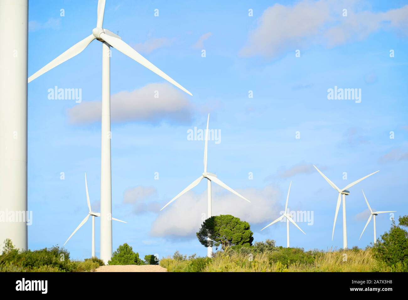 Windmills rotating in Spanish wind farm against cloudy sky. Copy space