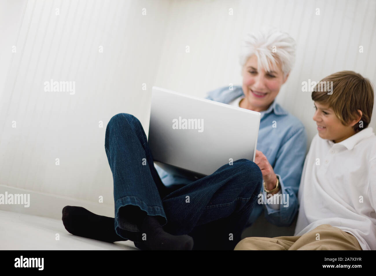 Grandmother using laptop with grandson Stock Photo
