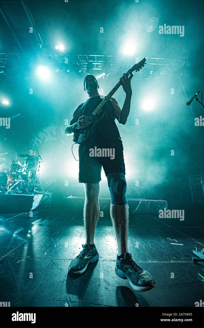Copenhagen, Denmark. 02nd, November 2019. The American metalcore band  Killswitch Engage performs a live concert at Amager Bio in Copenhagen. Here  guitarist Adam Dutkiewicz is seen live on stage. (Photo credit: Gonzales