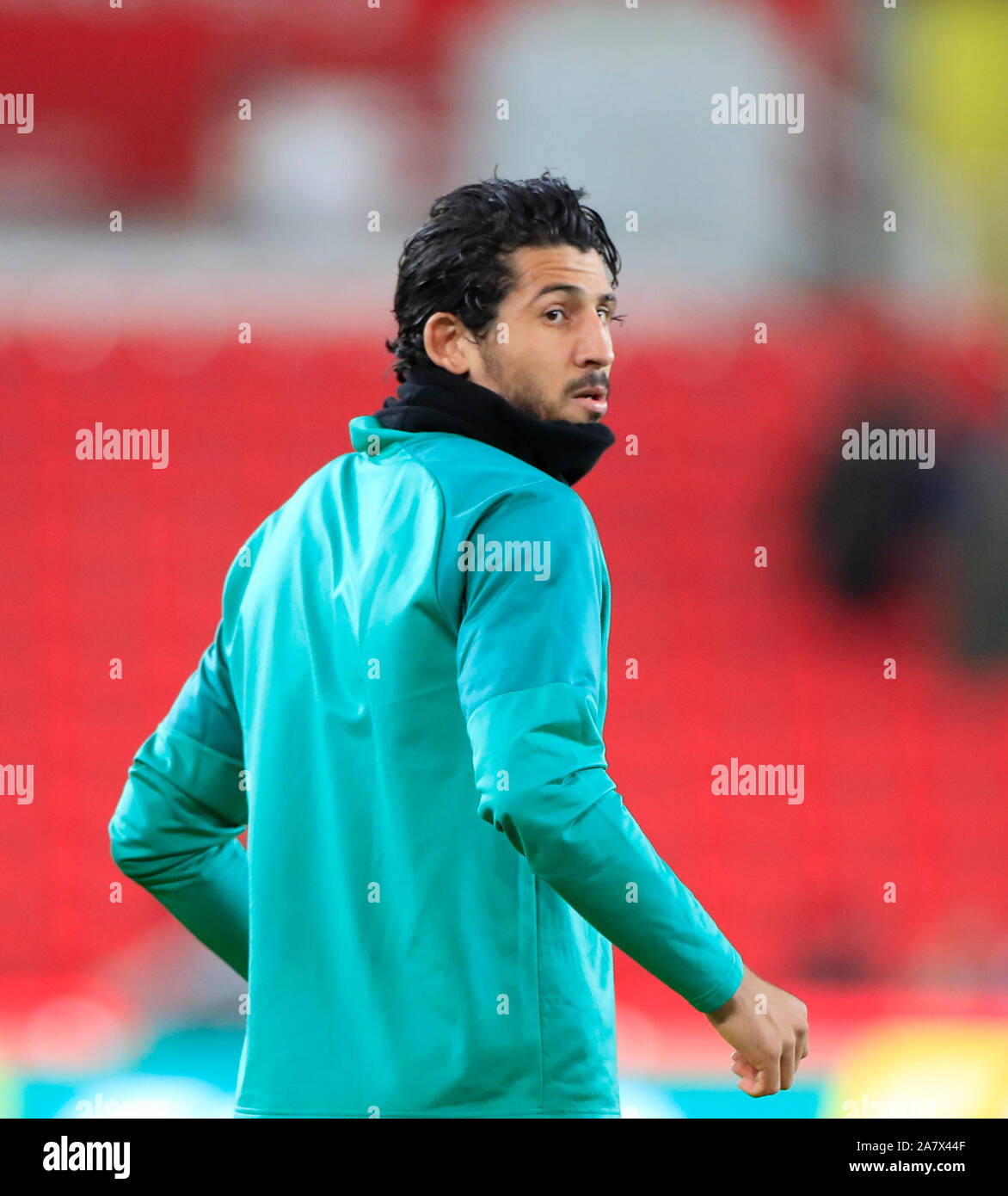 4th November 2019, Bet365 Stadium, Stoke-on-Trent, England; Sky Bet Championship, Stoke City v West Bromwich Albion : Ahmed Hegazy (26) of West Bromwich Albion warms up for the match Credit: Conor Molloy/News Images Stock Photo