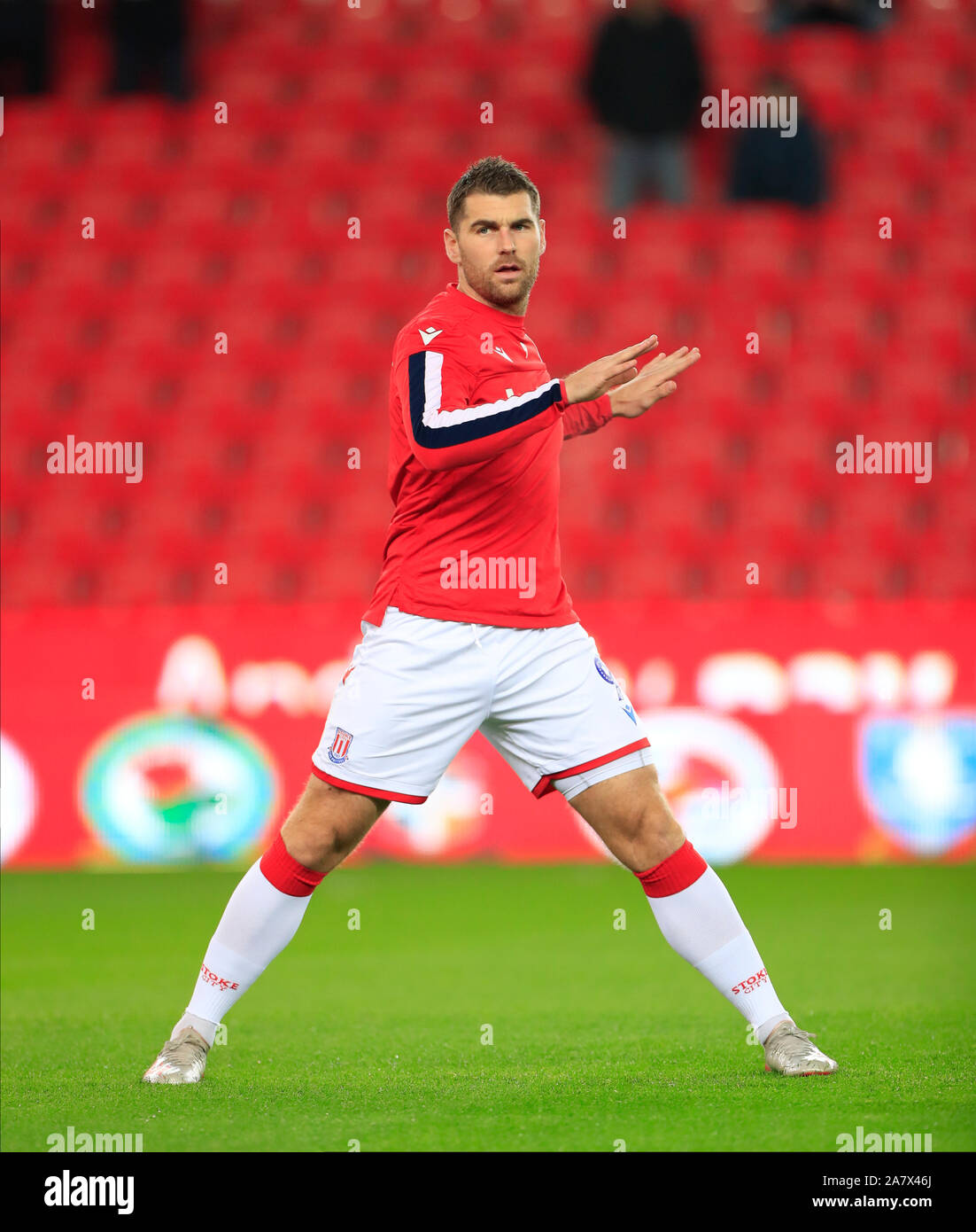 4th November 2019, Bet365 Stadium, Stoke-on-Trent, England; Sky Bet Championship, Stoke City v West Bromwich Albion : Sam Vokes (9) of Stoke City  warms up for the match Credit: Conor Molloy/News Images Stock Photo