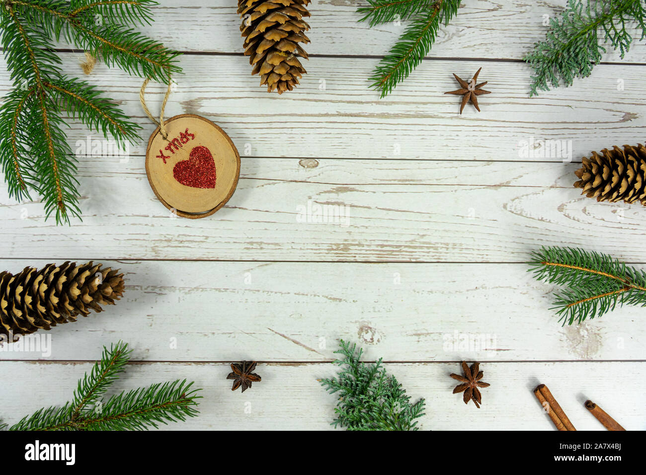 Christmas frame background flat lay on wChristmas frame background . Stock Photo