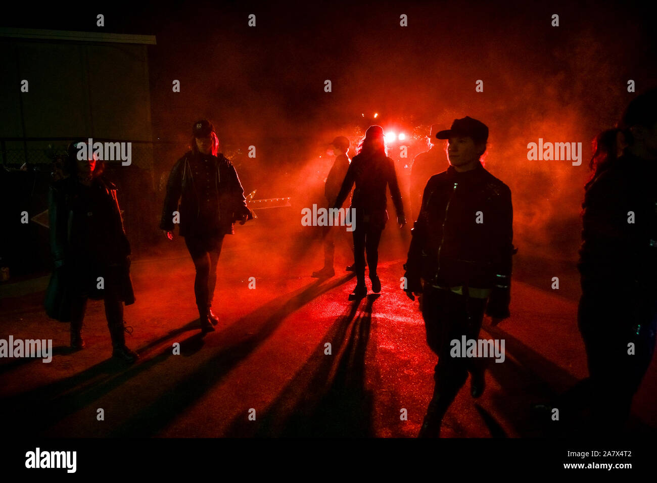 Dancers, fog, Parade of Lost Souls, Vancouver, British Columbia, Canada Stock Photo