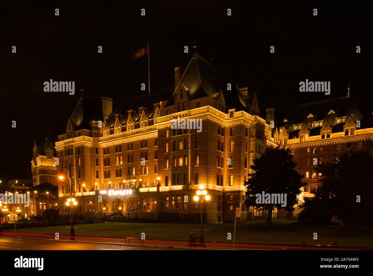 City lights of the Empress Hotel in Victoria, British Columbia, Canada Stock Photo