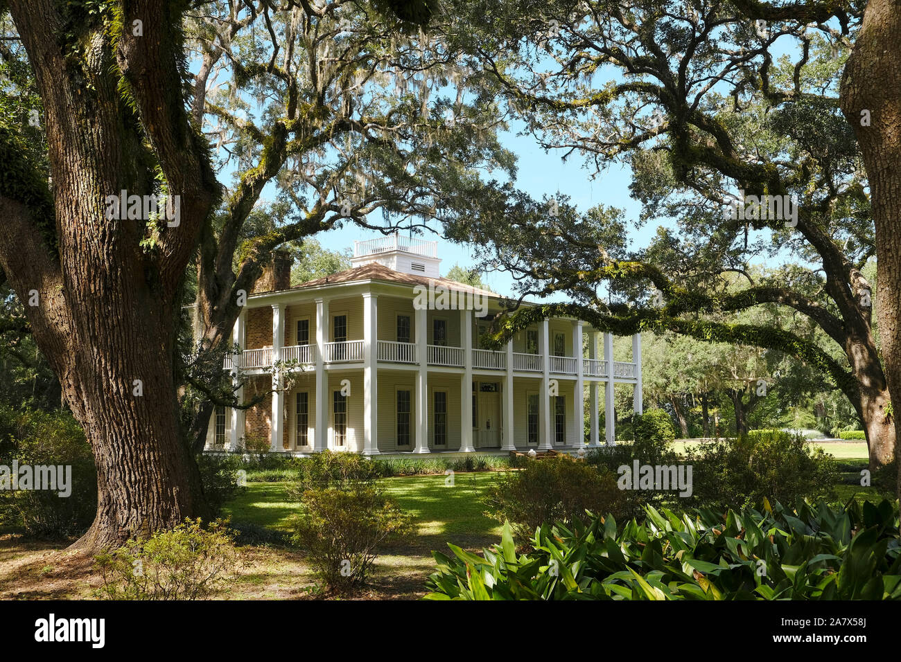 Eden Gardens State Park grounds with the plantation style house of William Henry Wesley amid towering live oak trees in Santa Rosa Beach Florida USA. Stock Photo