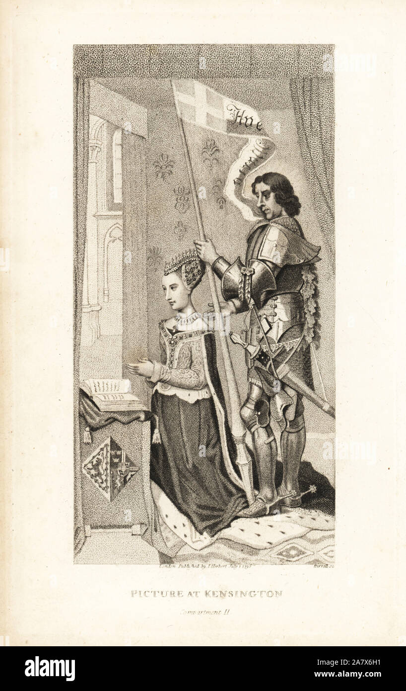 Margaret of Denmark, Queen to James III of Scotland, circa 1482, with a saint (George or Michael) in suit of armour holding a banner. Copperplate engraving by Birrell after the painting in Kensington by Hugo van der Goes from John Pinkerton's Iconographia Scotica, or Portraits of Illustrious Persons of Scotland, London, 1797. Stock Photo