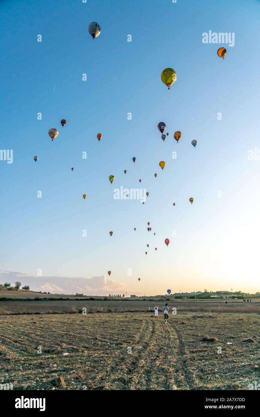 Vilafranca de Bonany, Balearic Islands / Spain - October 26, 2019: Hot air balloons flight view, European championship event organized by the World Ai Stock Photo