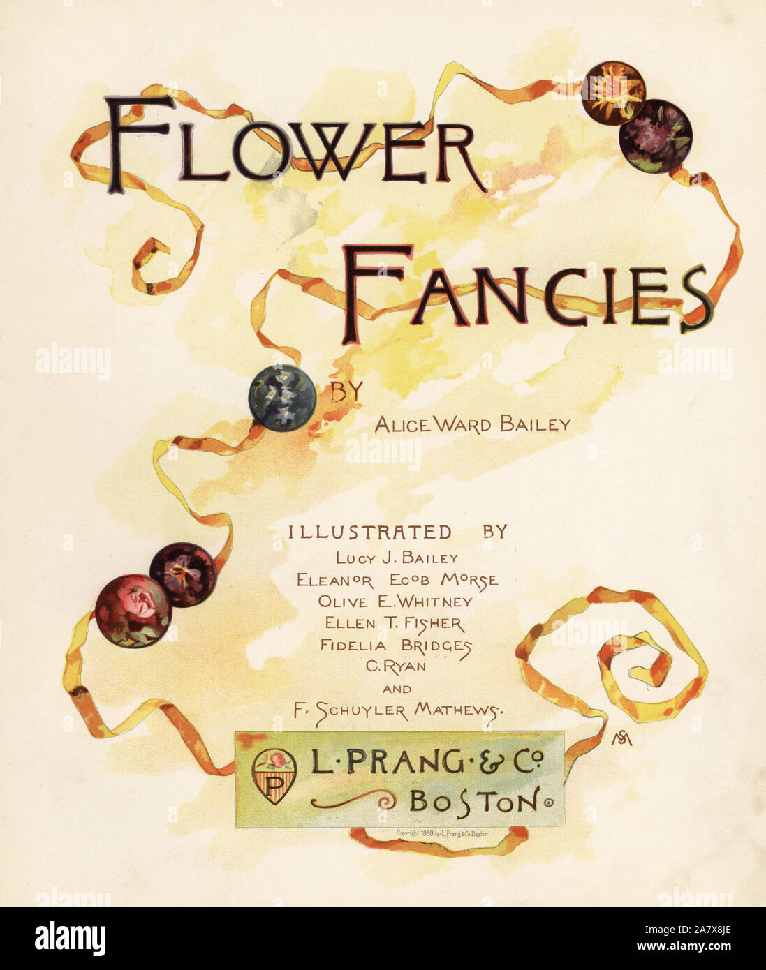 Calligraphic title page with ribbons and ornaments. Chromolithograph by Louis Prang after an illustration by F. Schuyler Mathews from Alice Ward Bailey's Flower Fancies, Boston, 1889. Illustrated by Lucy Baily, Eleanor Ecob Morse, Olive Whitney, Ellen Fisher, Fidelia Bridges, C. Ryan and F. Schuyler Mathews. Stock Photo