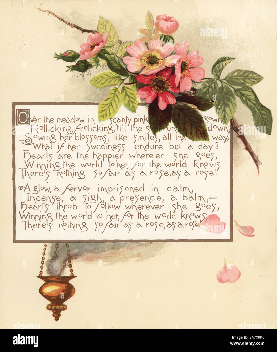 Roses, Rosa canina, with incense censer and calligraphic poem. Chromolithograph by Louis Prang from Alice Ward Bailey's Flower Fancies, Boston, 1889. Illustrated by Lucy Baily, Eleanor Ecob Morse, Olive Whitney, Ellen Fisher, Fidelia Bridges, C. Ryan and F. Schuyler Mathews. Stock Photo
