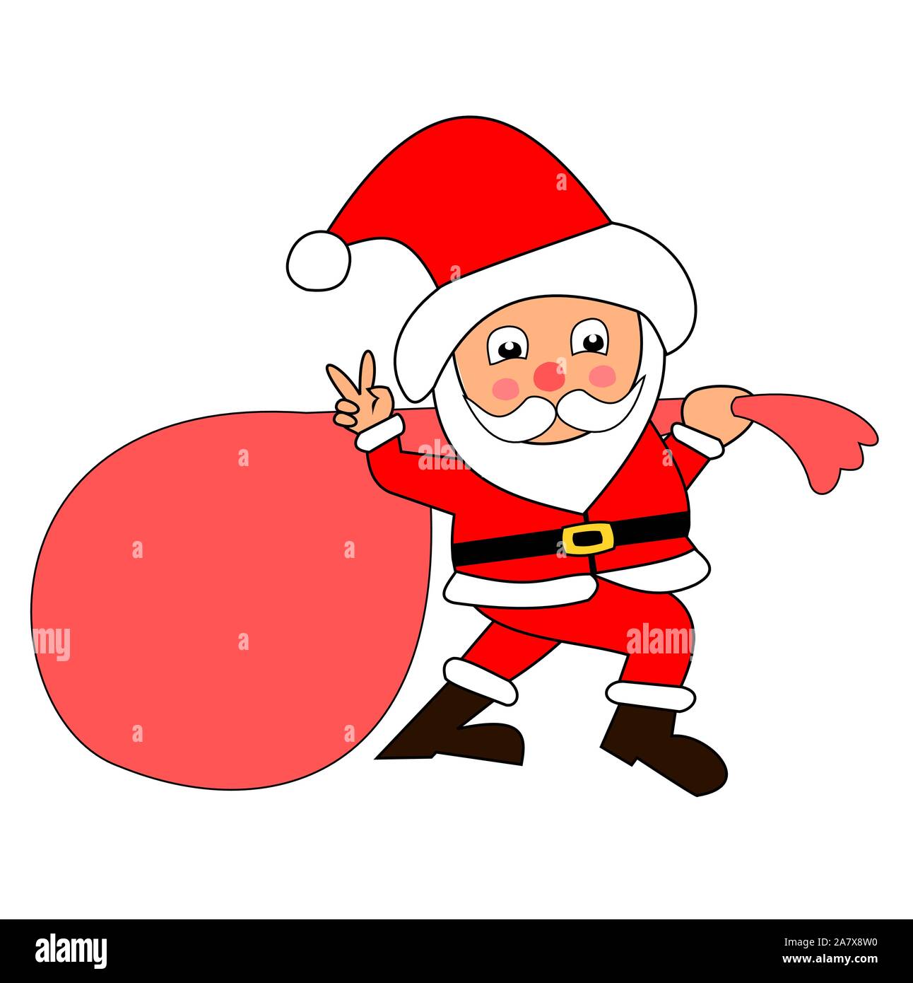 Santa Claus pulling huge bag of gifts isolated on white background, The men with v sign hand Stock Vector