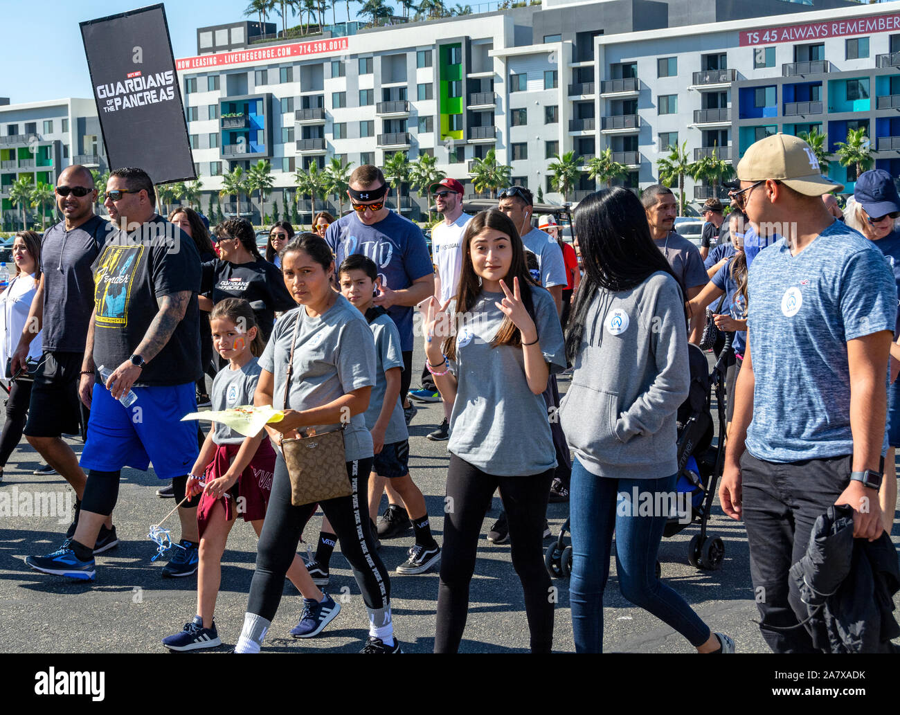 Anaheim, CA / USA - Crowd of people from diverse backgrounds start the walk for a common cause at the 2019 JDRF One Walk fundraiser for Type 1 diabetes. Stock Photo