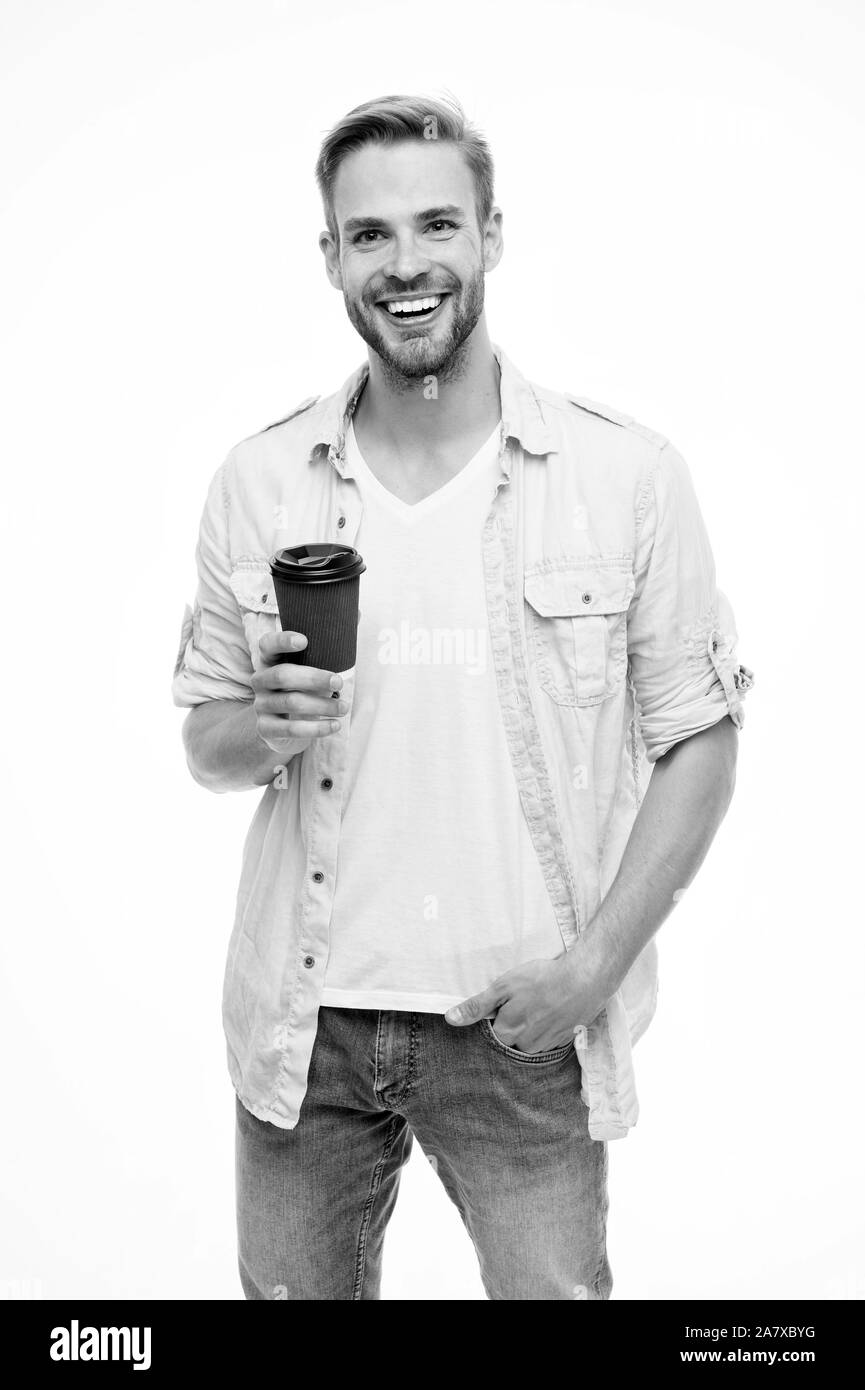 Have coffee for good mood. Recyclable coffee cup. Hipster man hold paper coffee cup. Relaxing break. Drink it on the go. Man drink coffee take away. Eco lifestyle and recycling. Satisfied with taste. Stock Photo