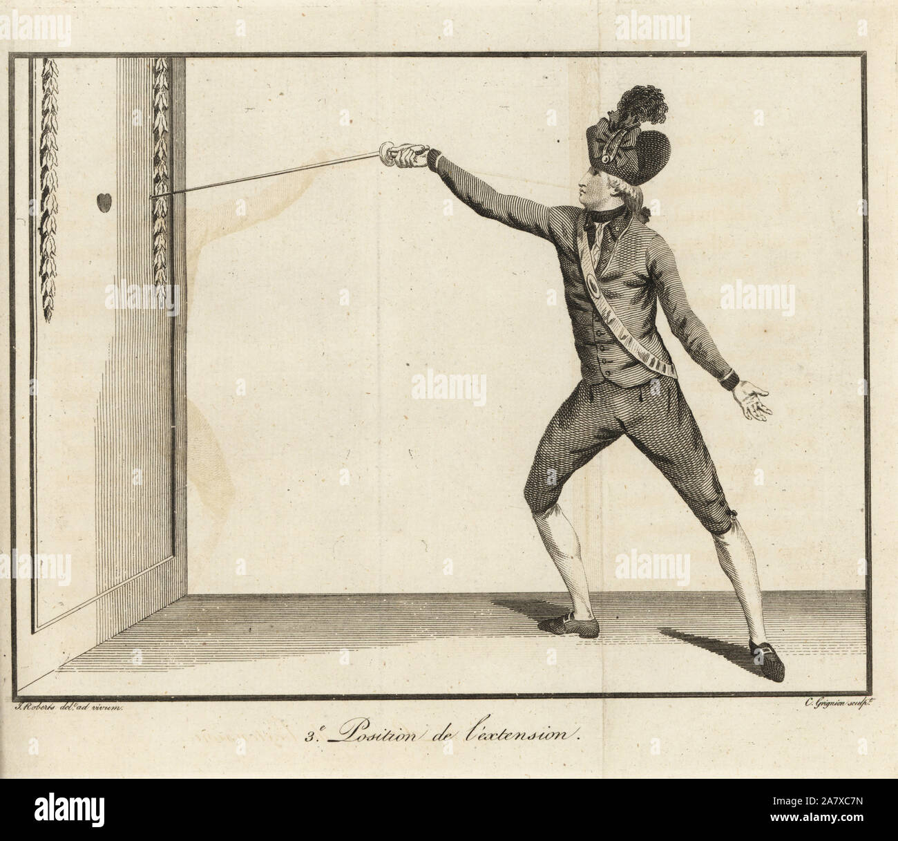 Gentleman fencer in third position of extension or thrust. Copperplate engraving by C. Grignion after an illustration drawn from life by J. Roberts from Mr. J. Olivier's Fencing Familiarized, or a New Treatise on the Art of Sword Play, John Bell, London, 1771. Stock Photo