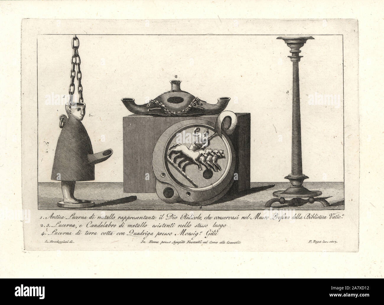 Ancient comical metal lamp representing the god Ridiculo from Library of the Profane in the Vatican Museum, metal lantern 2, metal candleholder 3, and terracotta lantern with four-horse chariot Quadriga 4. Copperplate engraving by Pietro Ruga after an illustration by Lorenzo Rocceggiani from his own 100 Plates of Costumes Religious, Civil and Military of the Ancient Egyptians, Etruscans, Greeks and Romans, Franzetti, Rome, 1802. Stock Photo
