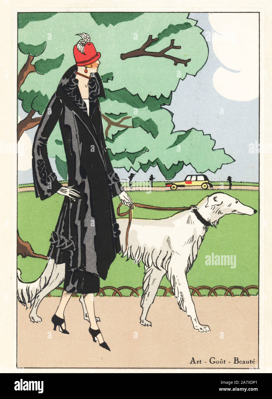 Woman in black ottoman three-piece ensemble walking a Borzoi dog in a park. Handcolored pochoir (stencil) lithograph from the French luxury fashion magazine Art, Gout, Beaute, 1925. Stock Photo