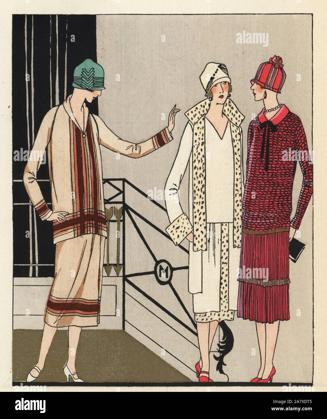 Women in afternoon dresses and suits. Handcolored pochoir (stencil) lithograph from the French luxury fashion magazine Art, Gout, Beaute, 1925. Stock Photo