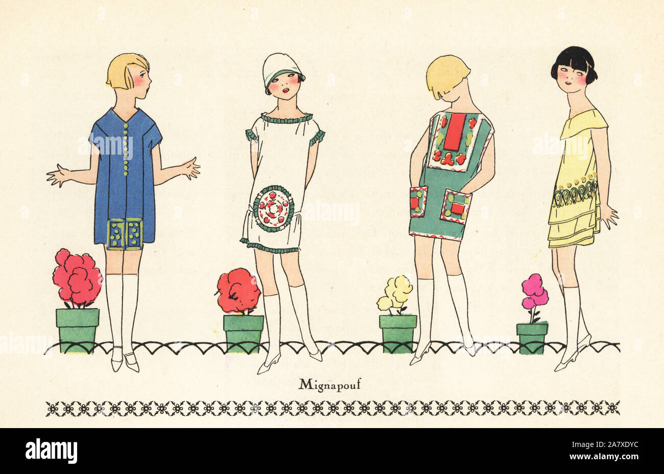 Young girls in short summer dresses in printed crepe. Handcolored pochoir (stencil) lithograph from the French luxury fashion magazine Art, Gout, Beaute, 1925. Stock Photo
