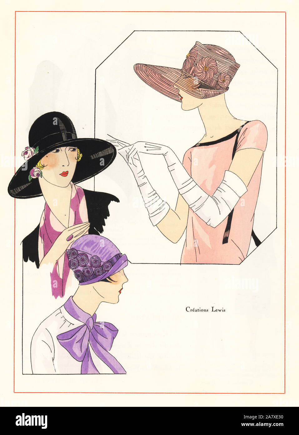 Women in fashionable hats. Handcolored pochoir (stencil) lithograph from the French luxury fashion magazine Art, Gout, Beaute, 1926. Stock Photo