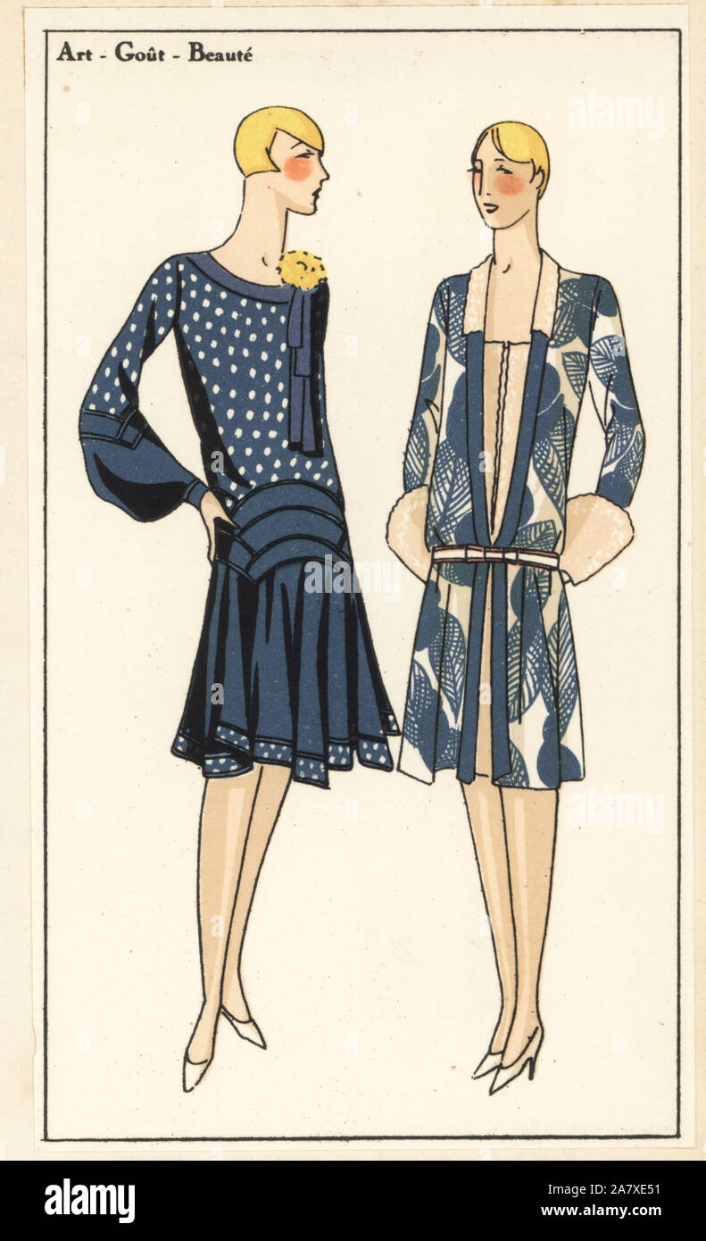 Woman in dress of blue polka-dot crepe georgette, and woman in printed afternoon dress in muslin. Handcolored pochoir (stencil) lithograph from the French luxury fashion magazine Art, Gout, Beaute, 1927. Stock Photo