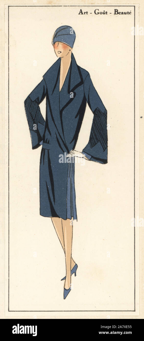 Woman in afternoon coat of Moroccan crepe. Handcolored pochoir (stencil) lithograph from the French luxury fashion magazine Art, Gout, Beaute, 1927. Stock Photo