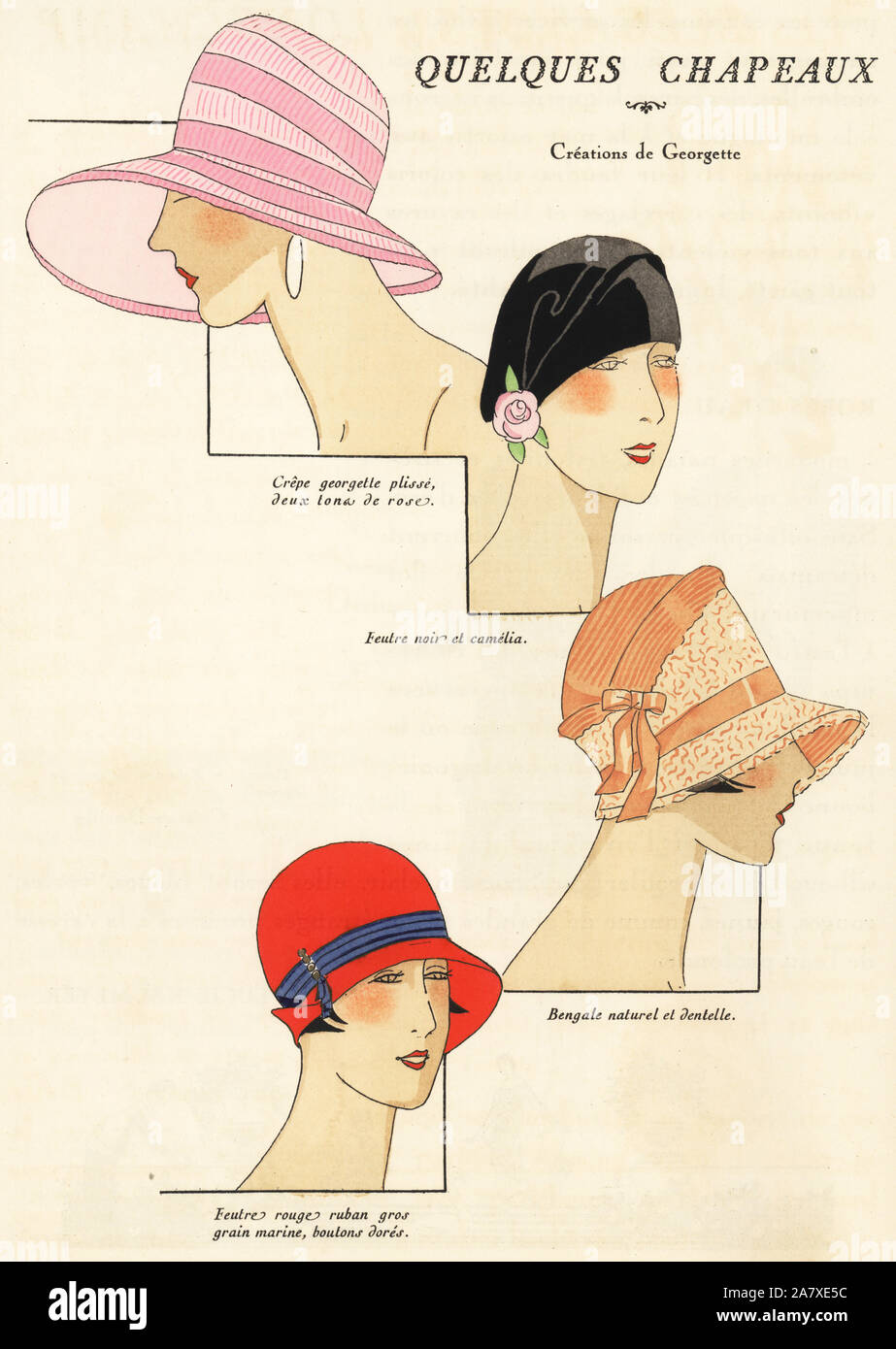 Bonnet in pink pleated crepe georgette, one in black feutre with a  camellia, one in lace and Bengal fabric, and one in scarlet feutre with a  blue ribbon. Handcolored pochoir (stencil) lithograph