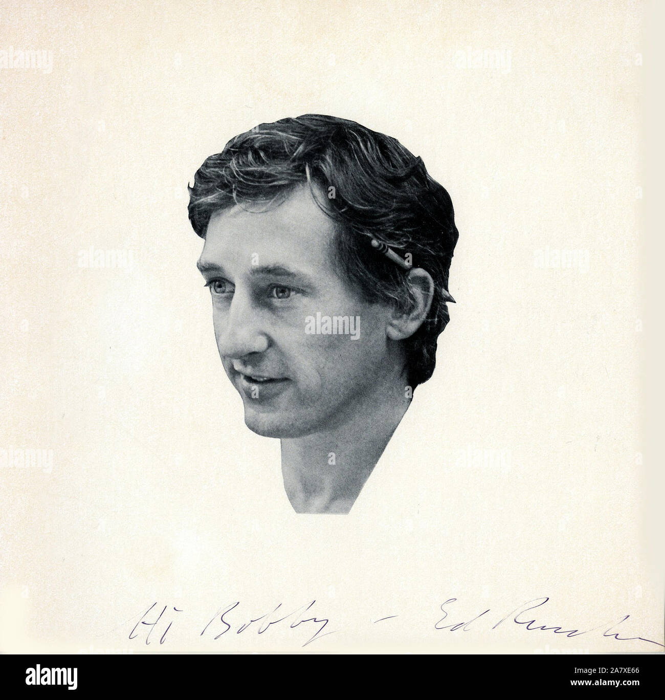 Autograph of Los Angeles based artist Ed Ruscha who is pictured on a catalogue for one of his art openings. Stock Photo