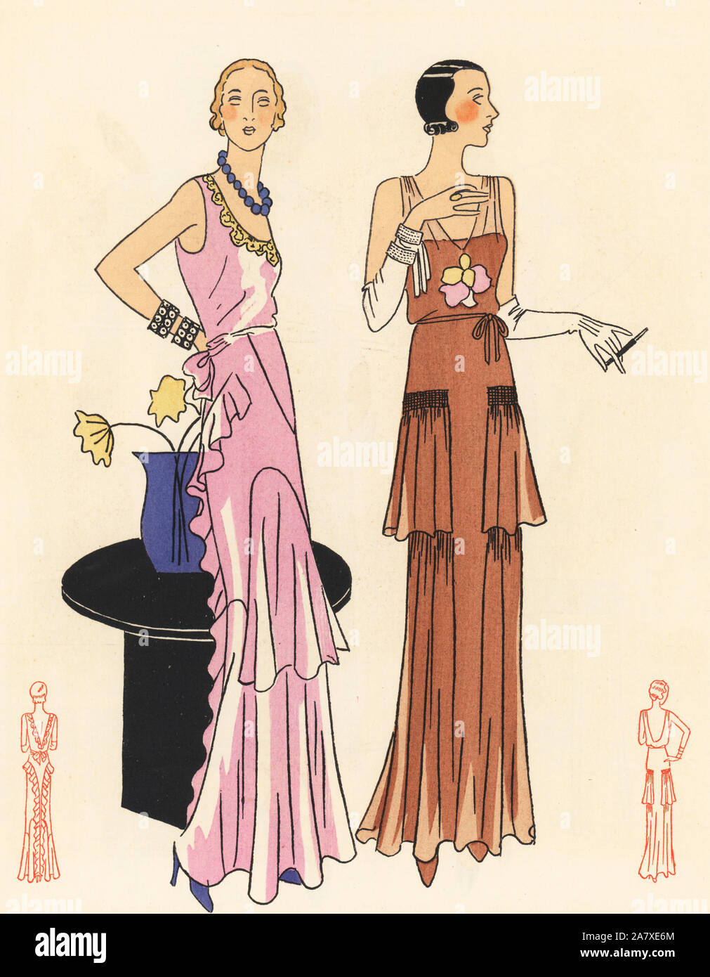 Woman in evening gown of pink crepe faille, and woman smoking a cigarette in evening dress of chiffon. Handcolored pochoir (stencil) lithograph from the French luxury fashion magazine Art, Gout, Beaute, 1931. Stock Photo