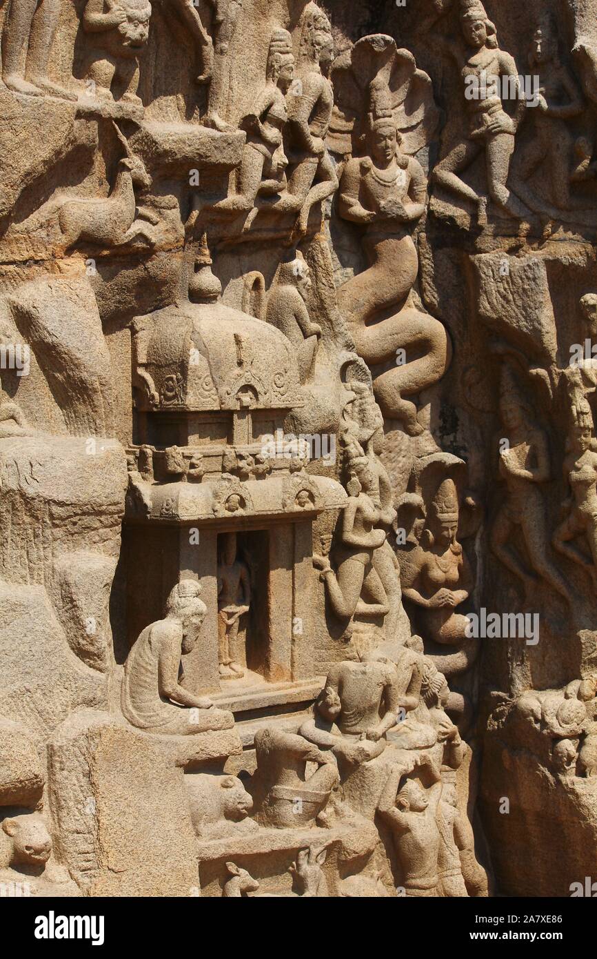 Arjuna's Penance, Bas-relief carving, Mamallapuram, Tamil Nadu, India Stock Photo