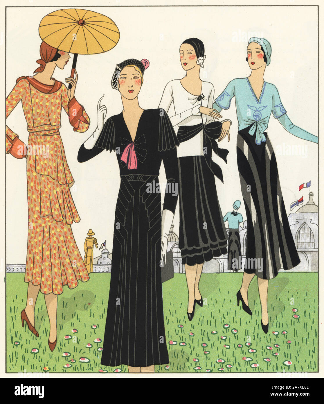 Woman in afternoon dress of printed crepe, woman in black afternoon dress of crepe de chine, woman in satin crepe ensemble, and woman in afternoon ensemble of blouse and skirt in satin crepe. Handcolored pochoir (stencil) lithograph from the French luxury fashion magazine Art, Gout, Beaute, 1931. Stock Photo