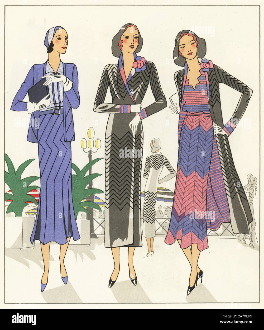 Woman in crepe blouse and blue stockinette ensemble, and woman in wrap of Moroccan crepe over printed crepe de chine dress. Handcolored pochoir (stencil) lithograph from the French luxury fashion magazine Art, Gout, Beaute, 1931. Stock Photo