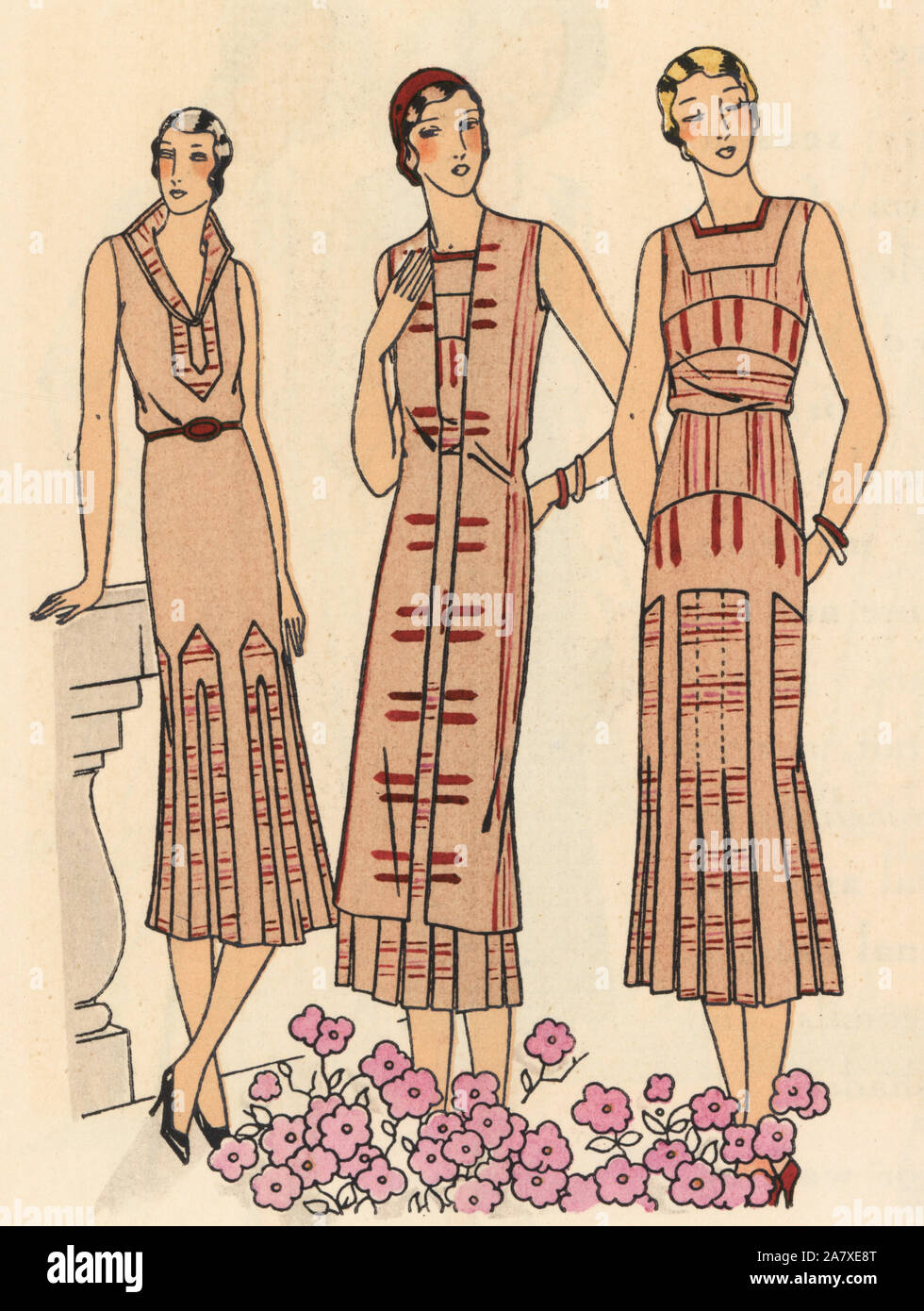 Women in crepe dress with panels in skirt and corsage, woman in ensemble of shirt-crepe, and woman in patterned shirt dress. Handcolored pochoir (stencil) lithograph from the French luxury fashion magazine Art, Gout, Beaute, 1931. Stock Photo