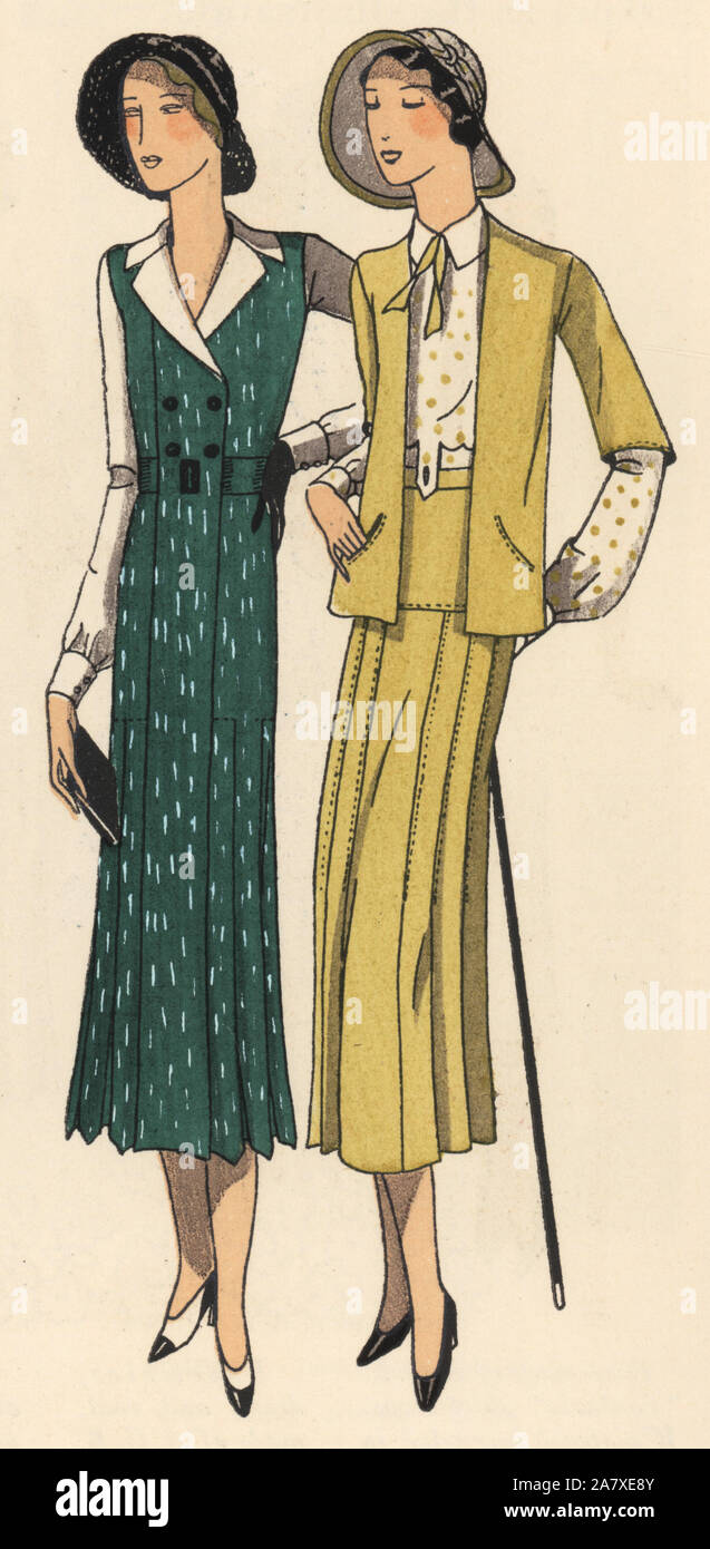 Woman in dress-coat of Organdy guimpe, and woman in two-piece ensemble with printed crepe blouse. Handcolored pochoir (stencil) lithograph from the French luxury fashion magazine Art, Gout, Beaute, 1931. Stock Photo