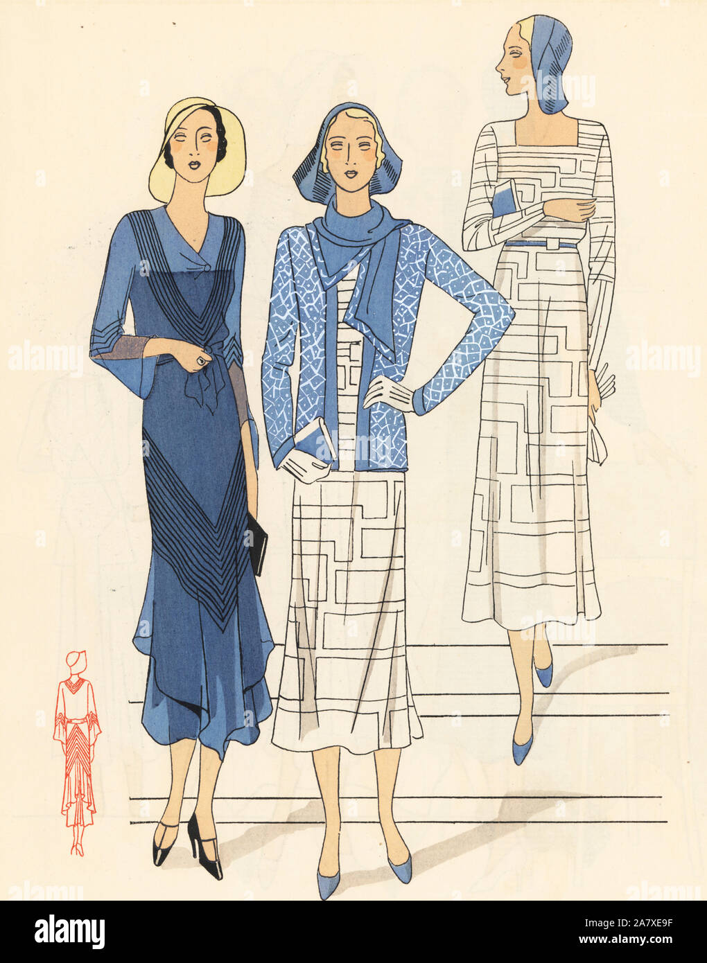 Woman in afternoon dress in blue crepe de chine, woman in afternoon ensemble with a casaquin in blue crepe georgine worn over a dress of white crepe georgine in puzzle pattern. Handcolored pochoir (stencil) lithograph from the French luxury fashion magazine Art, Gout, Beaute, 1931. Stock Photo