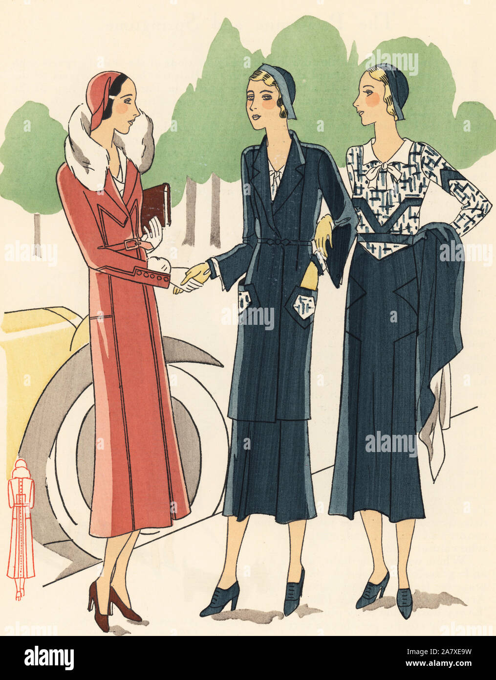 Women in the fashions of 1931 standing in front of an automobile. One in coat trimmed with ermine, one in wool morning ensemble and another in two-piece dress of crepe de chine. Handcolored pochoir (stencil) lithograph from the French luxury fashion magazine Art, Gout, Beaute, 1931. Stock Photo